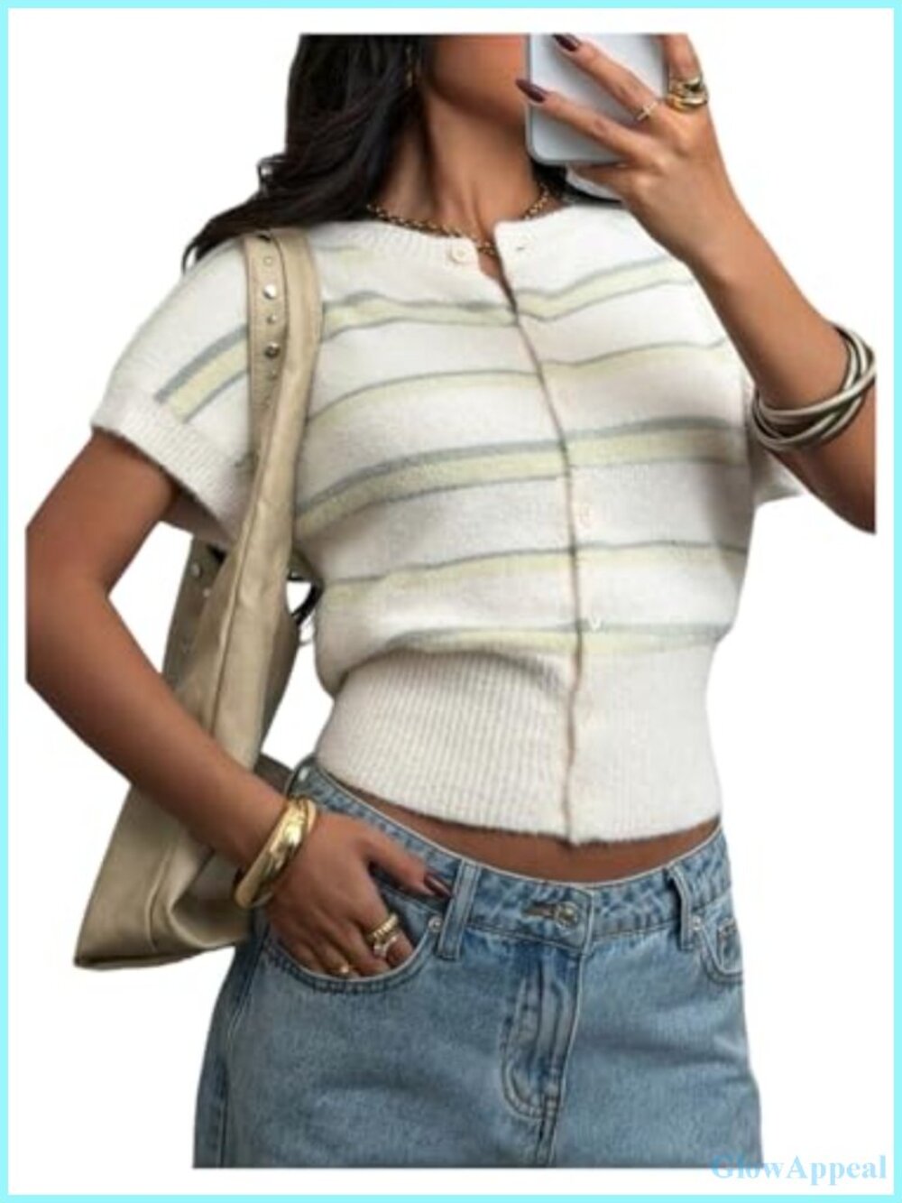 Striped Short Sleeve Cropped Cardigan Sweater Button Up Knit Dolman Sleeve